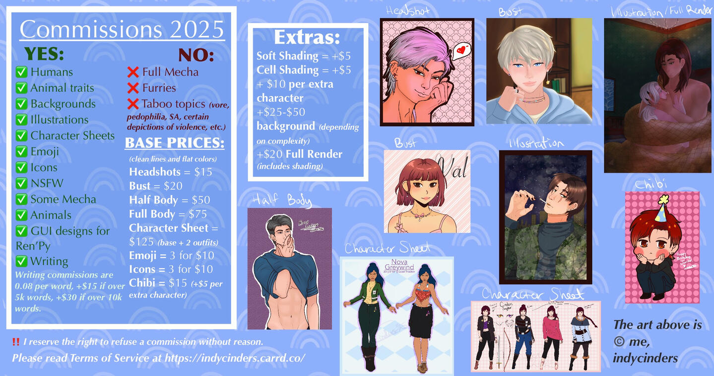 Commission Info a wide flyer depicting commission prices and art examples